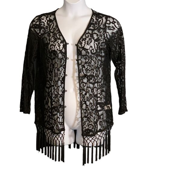 Chris McLaughlin Black Lace Cardigan Large Gothic Glam Sweater Tassel Fringe NEW - Picture 1 of 9